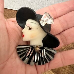 Source Unknown Black and White Lady Brooch with Crystal Details